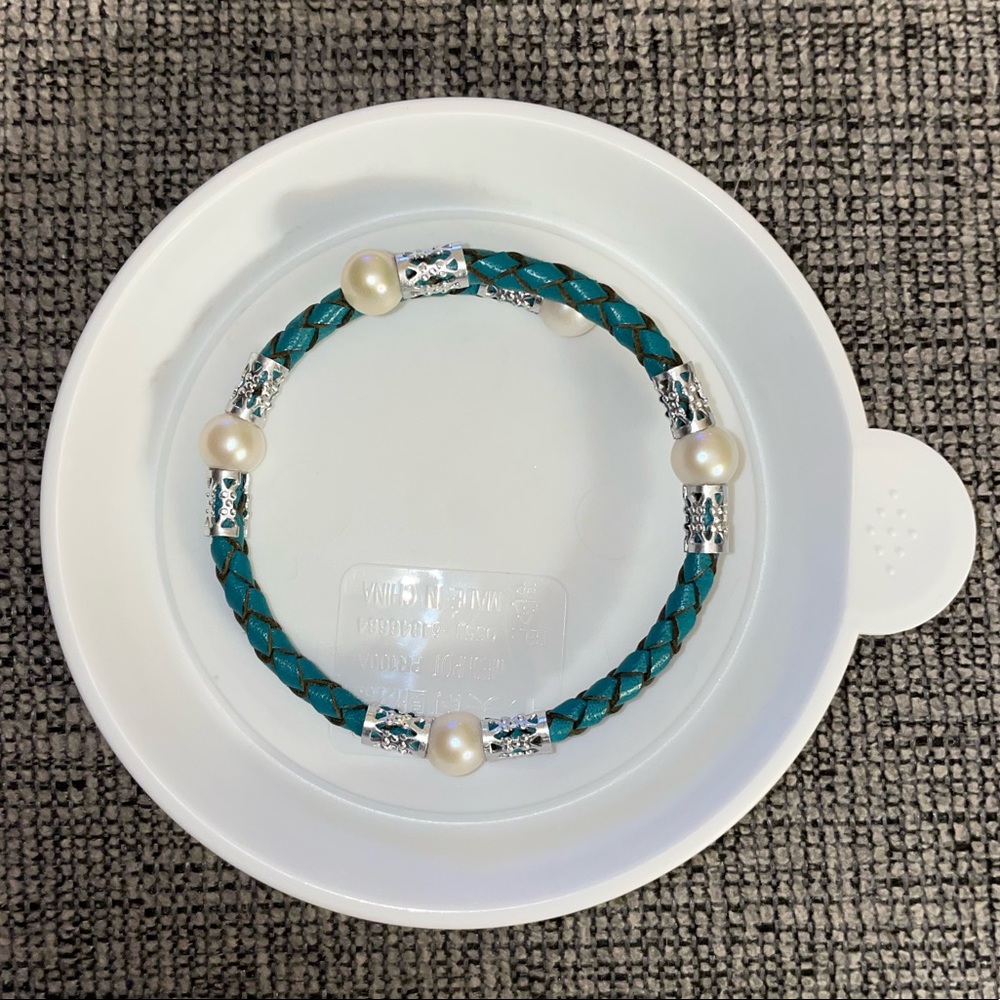 Teal Leather Braided Bracelet with Pearls and Silver Details